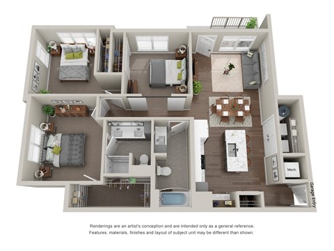 Floor plan for 3 beds, 2 baths, 1286 sqft